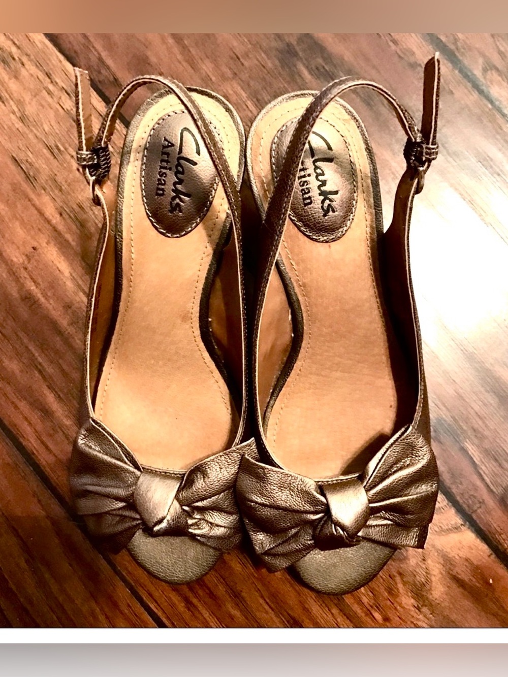 Clarks Bronze Leather, Peep-Toe, Cork Wedge, Slingback,& Bow Sandals  Retail $69